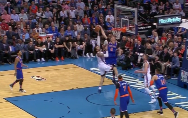 Kristaps Porzingis executes Statue of Liberty block on Steven Adams (Video)