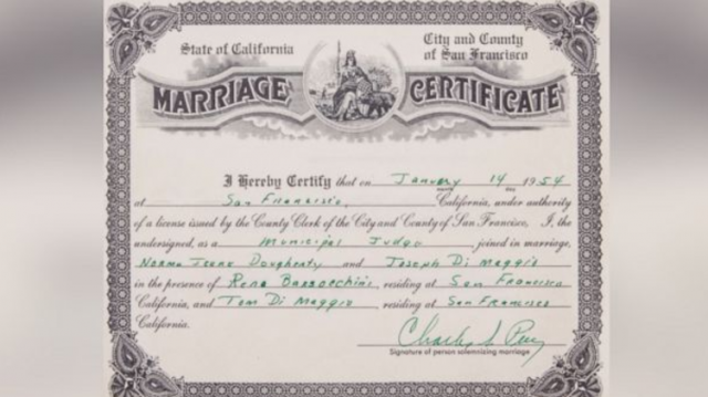 Joe DiMaggio-Marilyn Monroe Marriage Certificate Has Been Sold