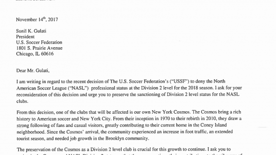 New York Cosmos: Open letters to the United States Soccer Federation 8
