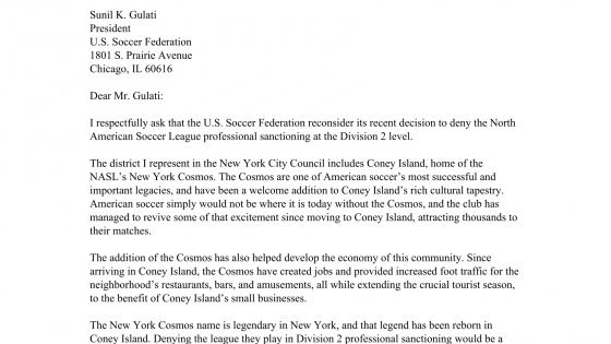 New York Cosmos: Open letters to the United States Soccer Federation 12