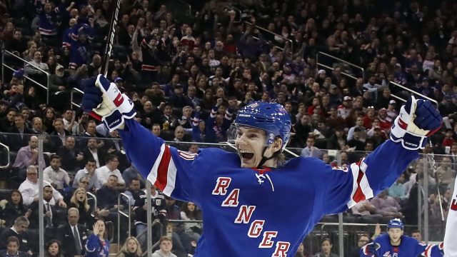 New York Rangers’ Lias Andersson celebrates first NHL goal with family watching