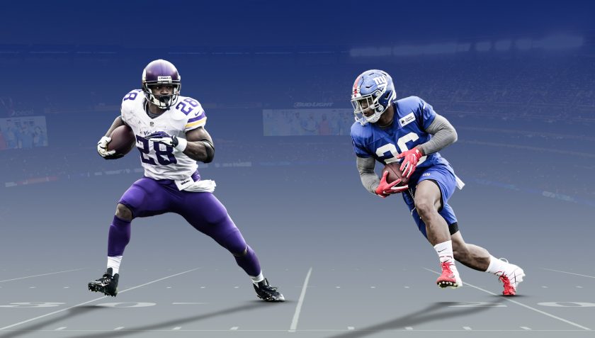 New York Giants RB Saquon Barkley diving into Adrian Peterson film