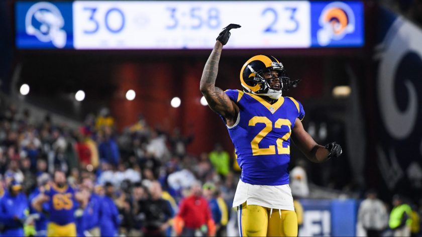 Los Angeles Rams CB Marcus Peters checks a heckling fan (Video)