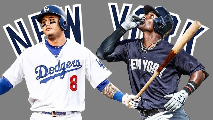 New York Yankees 3B Miguel Andujar congratulates Manny Machado