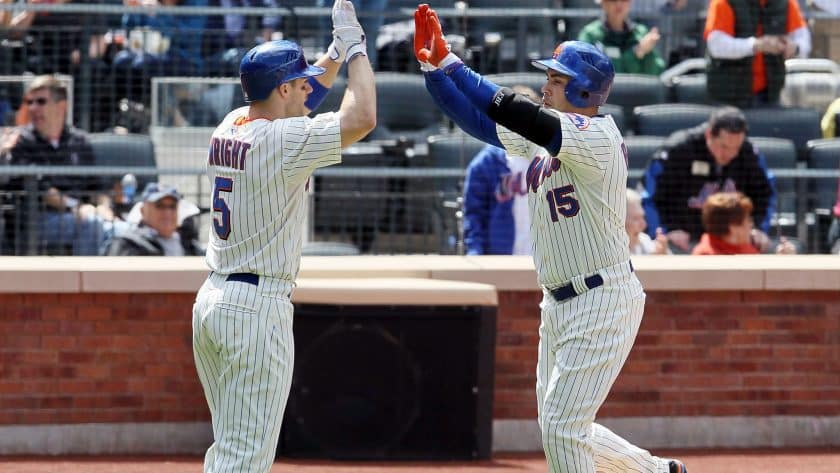 NEW YORK, NY - MAY 05: Carlos Beltran #15 of the New York Mets celebrates his fifth inning two run home run against the San Francisco Giants with teammate David Wright #5 on May 5, 2011 at Citi Field in the Flushing neighborhood of the Queens borough of New York City.