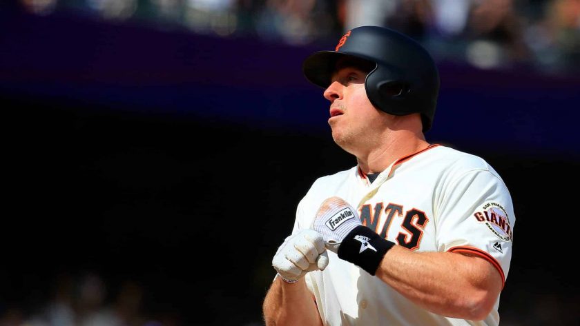 SAN FRANCISCO, CALIFORNIA - APRIL 27: Erik Kratz #5 of the San Francisco Giants celebrates a solo home run during the ninth inning against the New York Yankees at Oracle Park on April 27, 2019 in San Francisco, California.