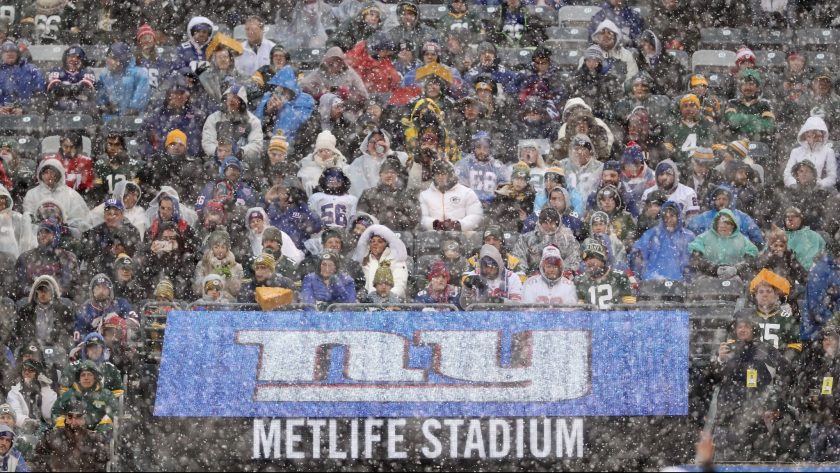 EAST RUTHERFORD, NEW JERSEY - DECEMBER 01: Fans endure bad weather during the New York Giants and the Green Bay Packers game at MetLife Stadium on December 01, 2019 in East Rutherford, New Jersey.