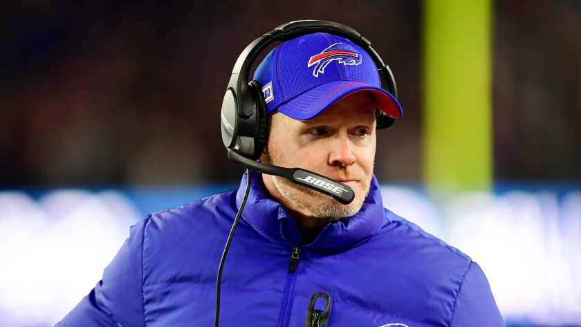 FOXBOROUGH, MASSACHUSETTS - DECEMBER 21: Head coach Sean McDermott of the Buffalo Bills looks on during the first half against the New England Patriots in the game at Gillette Stadium on December 21, 2019 in Foxborough, Massachusetts.