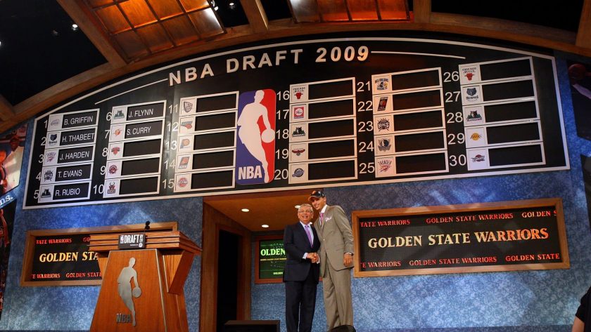 NEW YORK - JUNE 25: NBA Commissioner David Stern poses for a photograph with the seventh overall draft pick by the Golden State Warriors, Stephen Curry during the 2009 NBA Draft at the Wamu Theatre at Madison Square Garden June 25, 2009 in New York City. NOTE TO USER: User expressly acknowledges and agrees that, by downloading and/or using this Photograph, User is consenting to the terms and conditions of the Getty Images License Agreement.