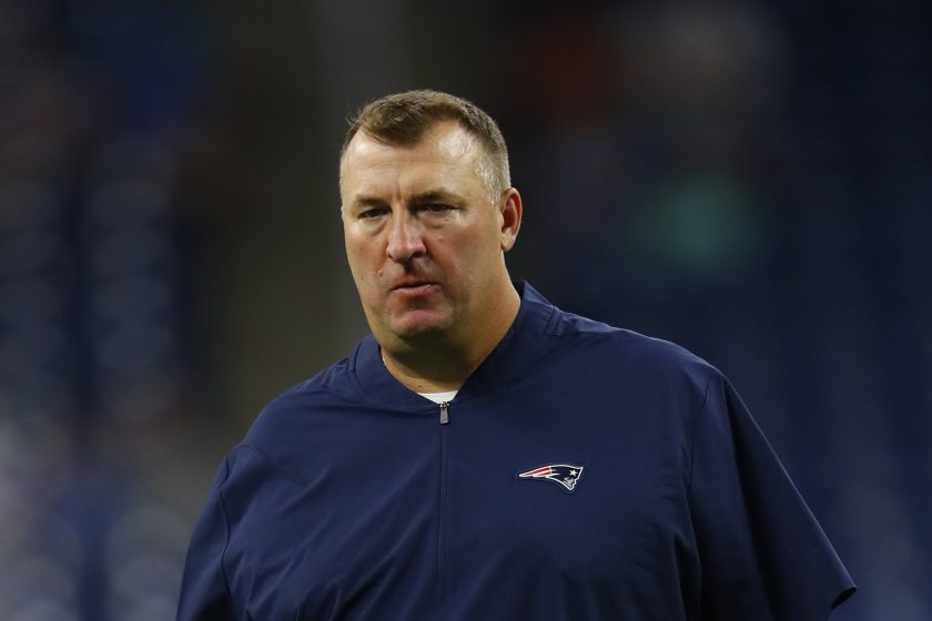 New England Patriots defensive line coach Bret Bielema watches during an NFL preseason football game against the Detroit Lions in Detroit, Thursday, Aug. 8, 2019.
