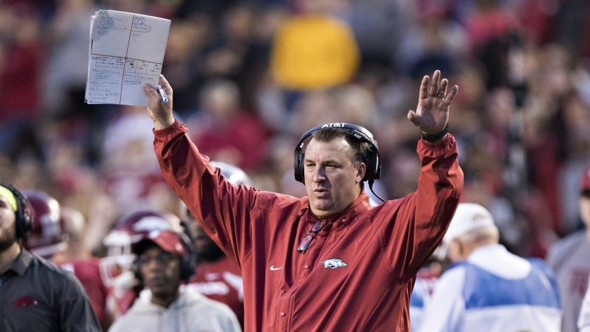 FAYETTEVILLE, AR - NOVEMBER 24: Head Coach Bret Bielema of the Arkansas Razorbacks signals to the officials during a game against the Missouri Tigers at Razorback Stadium on November 24, 2017 in Fayetteville, Arkansas. The Tigers defeated the Razorbacks 48-45.