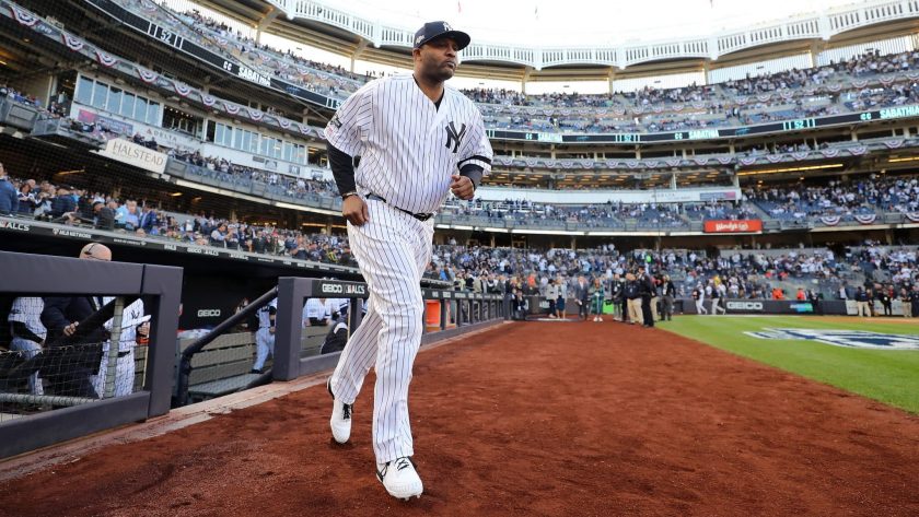 NEW YORK, NEW YORK - OCTOBER 15: CC Sabathia #52 of the New York Yankees takes the field as he is introduced prior to game three of the American League Championship Series against the Houston Astros at Yankee Stadium on October 15, 2019 in New York City.