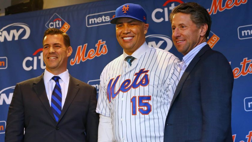 NEW YORK, NY - NOVEMBER 04: Carlos Beltran stands between General Manager Brodie Van Wagenen and COO Jeff Wilpon after being introduced as manager of the New York Mets during a press conference at Citi Field on November 4, 2019 in New York City.