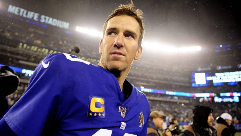 EAST RUTHERFORD, NEW JERSEY - DECEMBER 29: Eli Manning #10 of the New York Giants looks on while leaving the field after the second half of the game against the Philadelphia Eagles at MetLife Stadium on December 29, 2019 in East Rutherford, New Jersey.