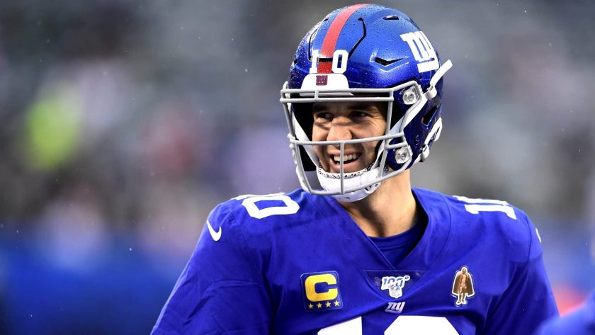 EAST RUTHERFORD, NEW JERSEY - DECEMBER 29: Eli Manning #10 of the New York Giants looks on prior to the game against the Philadelphia Eagles at MetLife Stadium on December 29, 2019 in East Rutherford, New Jersey.