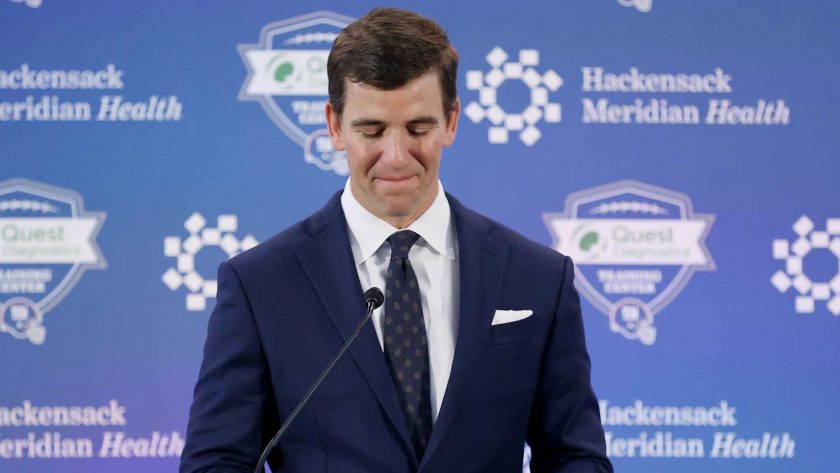 EAST RUTHERFORD, NEW JERSEY - JANUARY 24: Eli Manning of the New York Giants announces his retirement during a press conference on January 24, 2020 at Quest Diagnostic Training Center in East Rutherford, New Jersey.The two time Super Bowl MVP is retiring after 16 seasons with the team.
