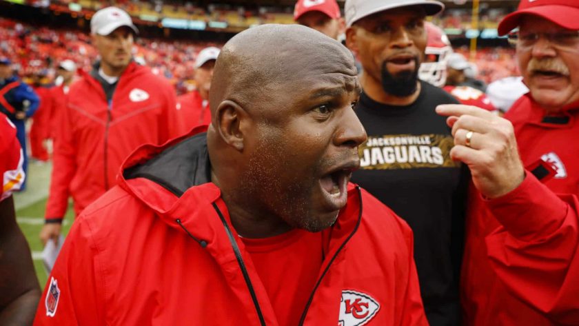 KANSAS CITY, MO - OCTOBER 7: Eric Bieniemy, offensive coordinator with the Kansas City Chiefs, shouted at a Jacksonville Jaguars player in anger as words were exchanged between the two teams in the Chiefs' 30-14 win in Kansas City, Missouri.