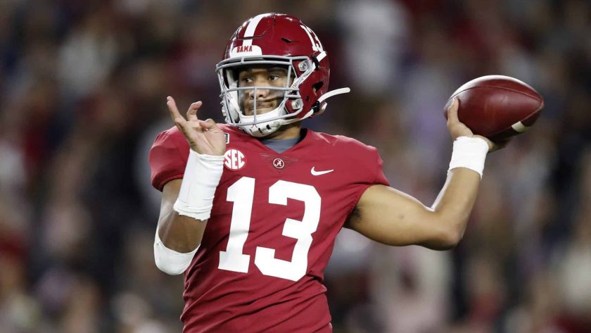 TUSCALOOSA, ALABAMA - NOVEMBER 09: Tua Tagovailoa #13 of the Alabama Crimson Tide throws a pass during the second half against the LSU Tigers in the game at Bryant-Denny Stadium on November 09, 2019 in Tuscaloosa, Alabama.