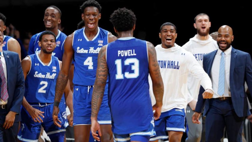 INDIANAPOLIS, IN - JANUARY 15: Seton Hall Pirates players react at the end of the game against the Butler Bulldogs at Hinkle Fieldhouse on January 15, 2020 in Indianapolis, Indiana. Seton Hall defeated Butler 78-70.