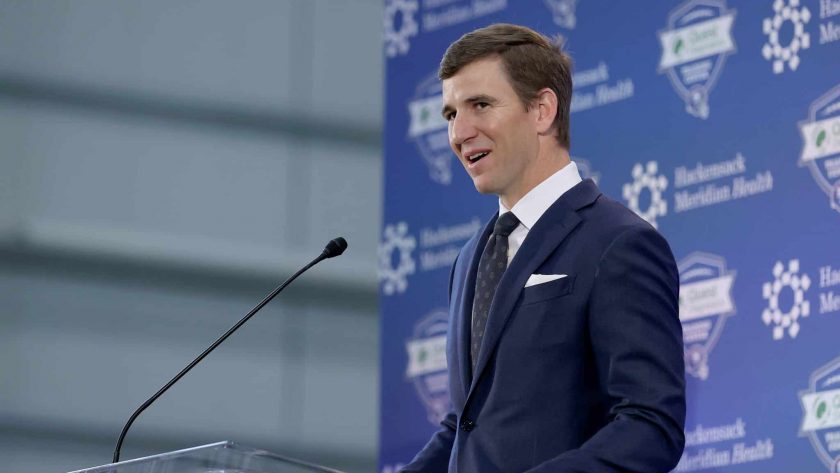 EAST RUTHERFORD, NEW JERSEY - JANUARY 24: Eli Manning of the New York Giants announces his retirement during a press conference on January 24, 2020 at Quest Diagnostic Training Center in East Rutherford, New Jersey.The two time Super Bowl MVP is retiring after 16 seasons with the team.