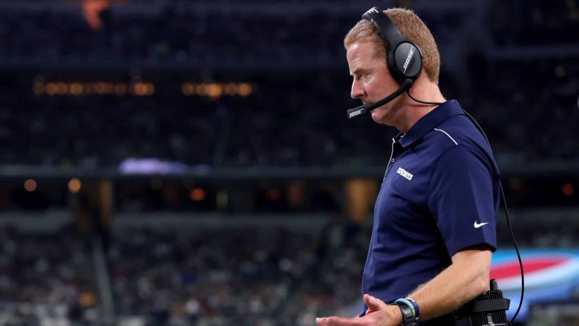ARLINGTON, TEXAS - DECEMBER 29: Head coach Jason Garrett of the Dallas Cowboys reacts in the fourth quarter as the Dallas Cowboys take on the Washington Redskins at AT&T Stadium on December 29, 2019 in Arlington, Texas.