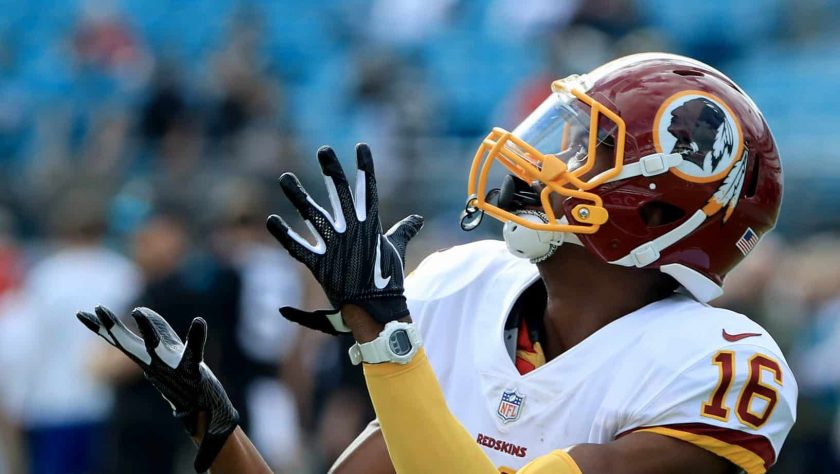 JACKSONVILLE, FLORIDA - DECEMBER 16: Jehu Chesson #16 of the Washington Redskins warms up prior to the game at TIAA Bank Field on December 16, 2018 in Jacksonville, Florida.
