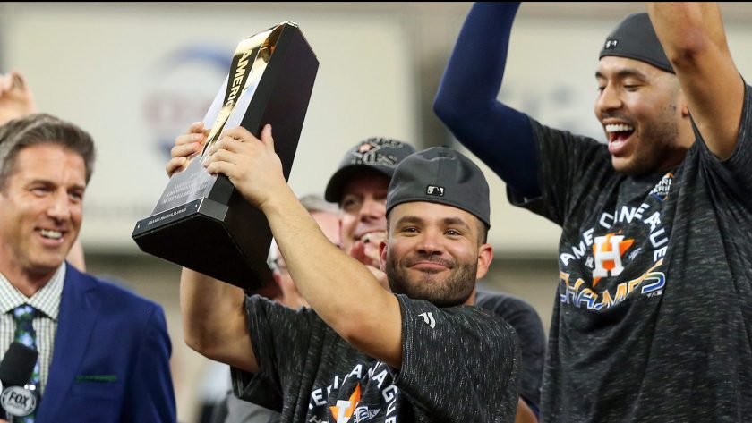 HOUSTON, TEXAS - OCTOBER 19: Jose Altuve #27 of the Houston Astros is awarded series MVP following his teams 6-4 win against the New York Yankees in game six of the American League Championship Series at Minute Maid Park on October 19, 2019 in Houston, Texas.