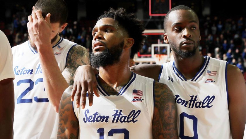 NEWARK, NEW JERSEY - NOVEMBER 14: Sandro Mamukelashvili #23,Myles Powell #13 and Quincy McKnight #0 of the Seton Hall Pirates react to the loss to the Michigan State Spartans at Prudential Center on November 14, 2019 in Newark, New Jersey.The Michigan State Spartans defeated the Seton Hall Pirates 76-73.