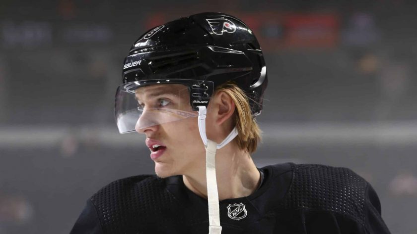 PHILADELPHIA, PA - NOVEMBER 29: Oskar Lindblom #23 of the Philadelphia Flyers looks on prior to the game against the Detroit Red Wings at the Wells Fargo Center on November 29, 2019 in Philadelphia, Pennsylvania. (