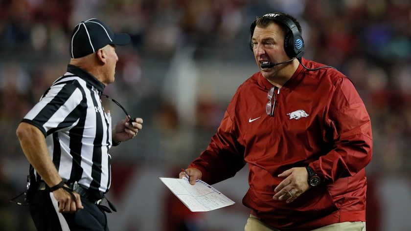 TUSCALOOSA, AL - OCTOBER 14: Head coach Bret Bielema of the Arkansas Razorbacks questions an official during the game against the Alabama Crimson Tide at Bryant-Denny Stadium on October 14, 2017 in Tuscaloosa, Alabama.