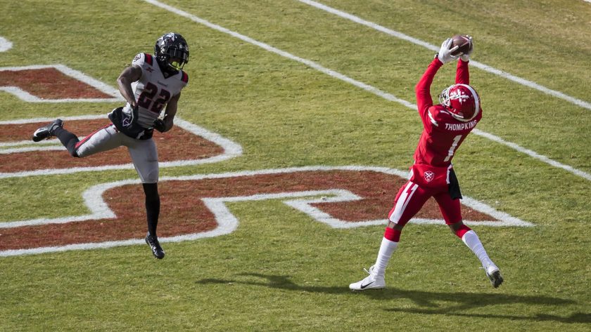 WASHINGTON, DC - FEBRUARY 15: DeAndre Thompkins #1 of the DC Defenders catches a pass for a touchdown against the NY Guardians during the first half of the XFL game at Audi Field on February 15, 2020 in Washington, DC.