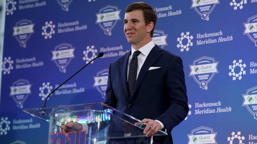 EAST RUTHERFORD, NEW JERSEY - JANUARY 24: Eli Manning of the New York Giants announces his retirement during a press conference on January 24, 2020 at Quest Diagnostic Training Center in East Rutherford, New Jersey.The two time Super Bowl MVP is retiring after 16 seasons with the team.
