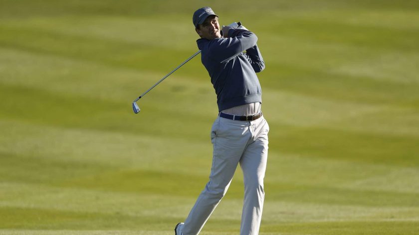 PEBBLE BEACH, CALIFORNIA - FEBRUARY 06: Former NFL player Eli Manning plays a shot on the second hole during the during the first round of the AT&T Pebble Beach Pro-Am at Spyglass Hill Golf Course on February 06, 2020 in Pebble Beach, California.
