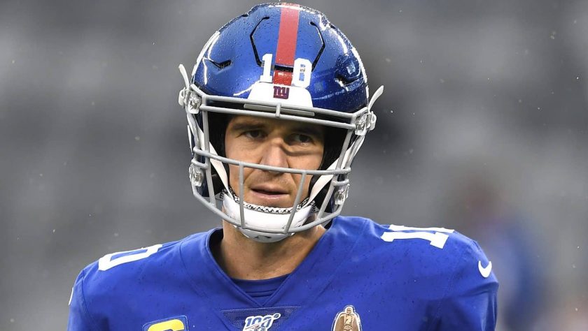 EAST RUTHERFORD, NEW JERSEY - DECEMBER 29: Eli Manning #10 of the New York Giants looks on prior to the game against the Philadelphia Eagles at MetLife Stadium on December 29, 2019 in East Rutherford, New Jersey.
