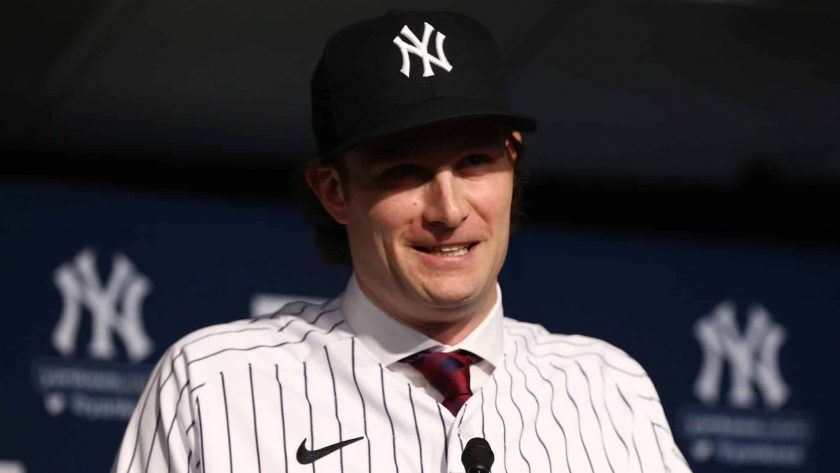 New York Yankees pitcher Gerrit Cole admires Masahiro Tanaka