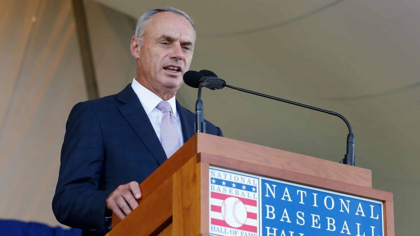 COOPERSTOWN, NY - JULY 29: MLB commissioner Rob Manfred speaks at Clark Sports Center during the Baseball Hall of Fame induction ceremony on July 29, 2018 in Cooperstown, New York.