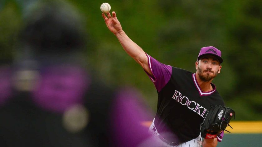 DENVER, CO - AUGUST 26: Chad Bettis #35 of the Colorado Rockies pitches against the St. Louis Cardinals in the first inning of a game at Coors Field on August 26, 2018 in Denver, Colorado. Players are wearing special jerseys with their nicknames on them during Players' Weekend.