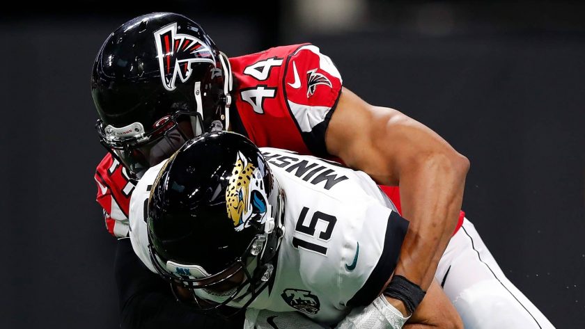 ATLANTA, GEORGIA - DECEMBER 22: Vic Beasley Jr. #44 of the Atlanta Falcons sacks Gardner Minshew II #15 of the Jacksonville Jaguars in the first half at Mercedes-Benz Stadium on December 22, 2019 in Atlanta, Georgia.