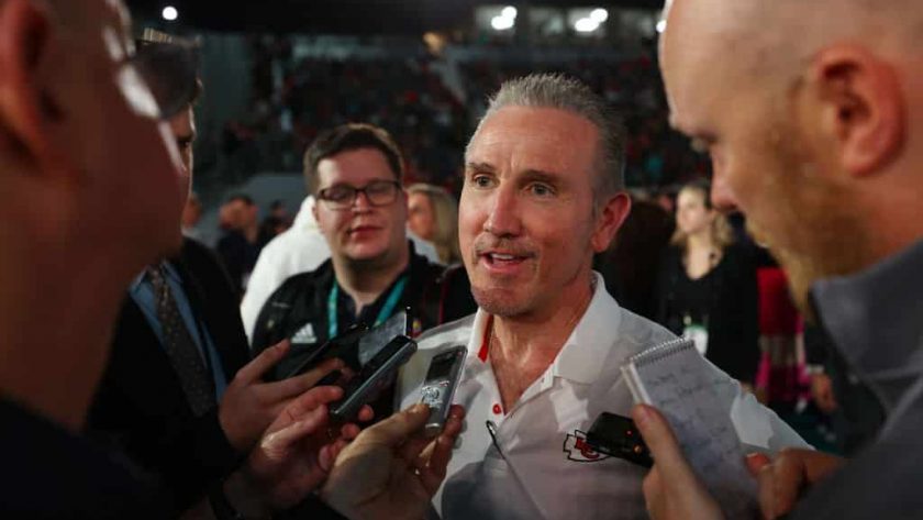 MIAMI, FLORIDA - JANUARY 27: Defensive Coordinator Steve Spagnuolo of the Kansas City Chiefs speaks to the media during Super Bowl Opening Night presented by BOLT24 at Marlins Park on January 27, 2020 in Miami, Florida.
