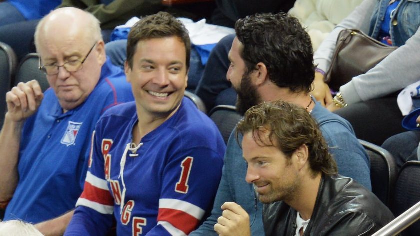 NEW YORK, NY - JUNE 09: Television host and comedian Jimmy Fallon (2nd from L) and professional baseball player Matt Harvey attends game 3 of the 2014 NHL Stanley Cup Final at Madison Square Garden on June 9, 2014 in New York City.