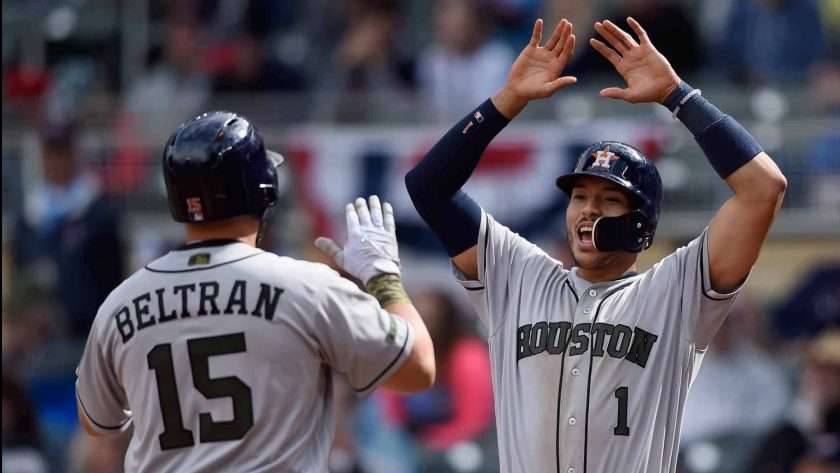 MINNEAPOLIS, MN - MAY 29: Carlos Correa #1 of the Houston Astros congratulates teammate Carlos Beltran #15 on a three-run home run against the Minnesota Twins during the eighth inning of the game on May 29, 2017 at Target Field in Minneapolis, Minnesota. The Astros defeated the Twins 16-8.