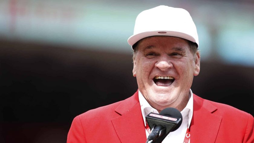 CINCINNATI, OH - JUNE 17: Former Cincinnati Reds great Pete Rose reacts during a statue dedication ceremony prior to a game against the Los Angeles Dodgers at Great American Ball Park on June 17, 2017 in Cincinnati, Ohio. The Dodgers defeated the Reds 10-2.