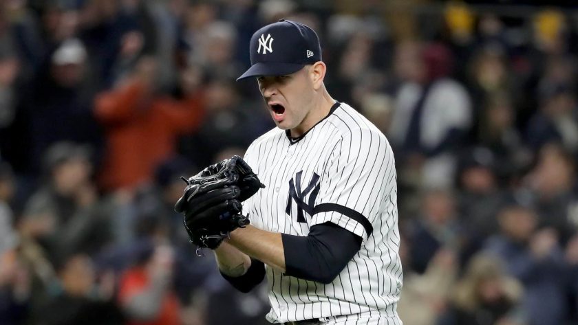 NEW YORK, NEW YORK - OCTOBER 18: James Paxton #65 of the New York Yankees reacts after retiring the Houston Astros during the sixth inning in game five of the American League Championship Series at Yankee Stadium on October 18, 2019 in New York City.