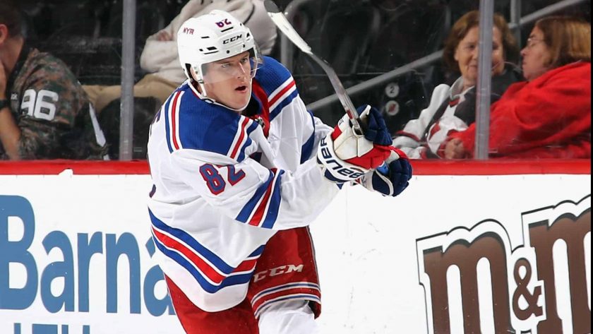 NEWARK, NEW JERSEY - SEPTEMBER 20: Joey Keane #82 of the New York Rangers skates against the New Jersey Devils at the Prudential Center on September 20, 2019 in Newark, New Jersey. The Devils defeated the Rangers 4-2.