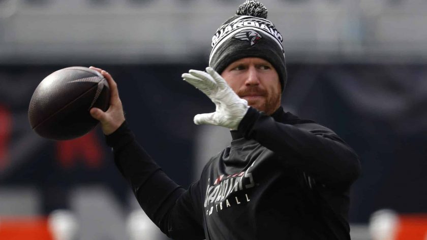 EAST RUTHERFORD, NEW JERSEY - FEBRUARY 09: Matt McGloin #14 of the NY Guardians warms up before the XFL game against Tampa Bay Vipers at MetLife Stadium on February 09, 2020 in East Rutherford, New Jersey.