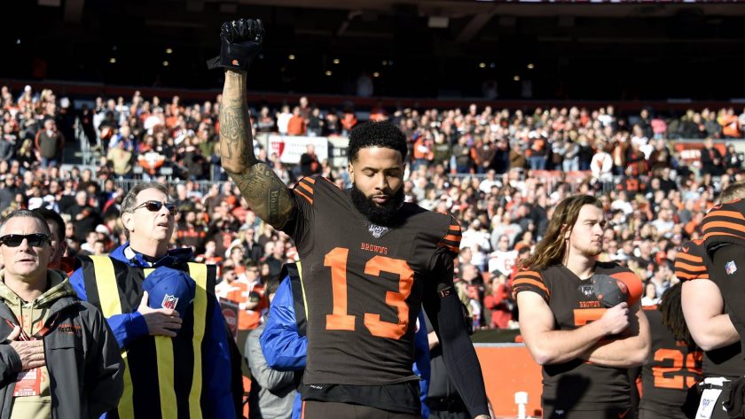 CLEVELAND, OHIO - DECEMBER 22: Odell Beckham Jr. #13 of the Cleveland Browns reacts on the sideline prior to the game against the Baltimore Ravens at FirstEnergy Stadium on December 22, 2019 in Cleveland, Ohio.