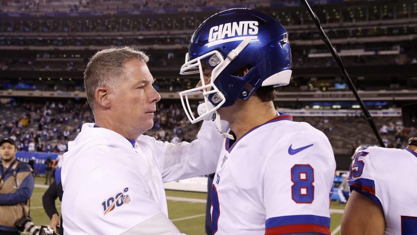 EAST RUTHERFORD, NEW JERSEY - NOVEMBER 04: Head coach Pat Shurmur of the New York Giants consoles Daniel Jones #8 after the loss to the Dallas Cowboys at MetLife Stadium on November 04, 2019 in East Rutherford, New Jersey.The Dallas Cowboys defeated the New York Giants 37-18.