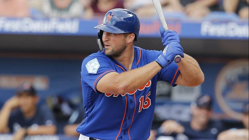 PORT ST. LUCIE, FLORIDA - FEBRUARY 23: Tim Tebow #15 of the New York Mets at bat against the Atlanta Braves during the Grapefruit League spring training game at First Data Field on February 23, 2019 in Port St. Lucie, Florida.