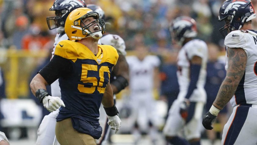 GREEN BAY, WISCONSIN - SEPTEMBER 22: Blake Martinez #50 of the Green Bay Packers reacts after tackling Phillip Lindsay #30 of the Denver Broncos during the second half at Lambeau Field on September 22, 2019 in Green Bay, Wisconsin.