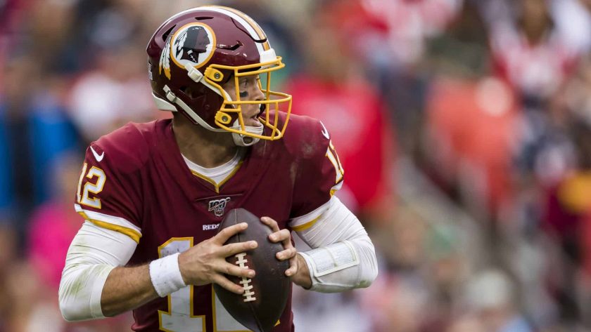 LANDOVER, MD - OCTOBER 06: Colt McCoy #12 of the Washington Redskins scrambles against the New England Patriots during the second half at FedExField on October 6, 2019 in Landover, Maryland.
